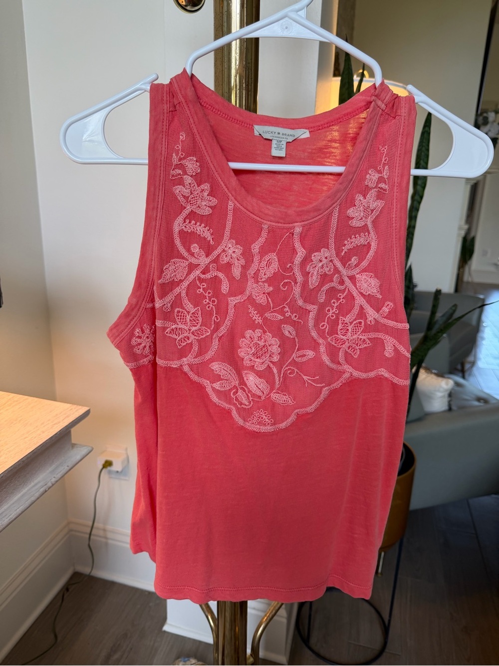 Lucky Brand Coral Pink Embroidered Tank Top